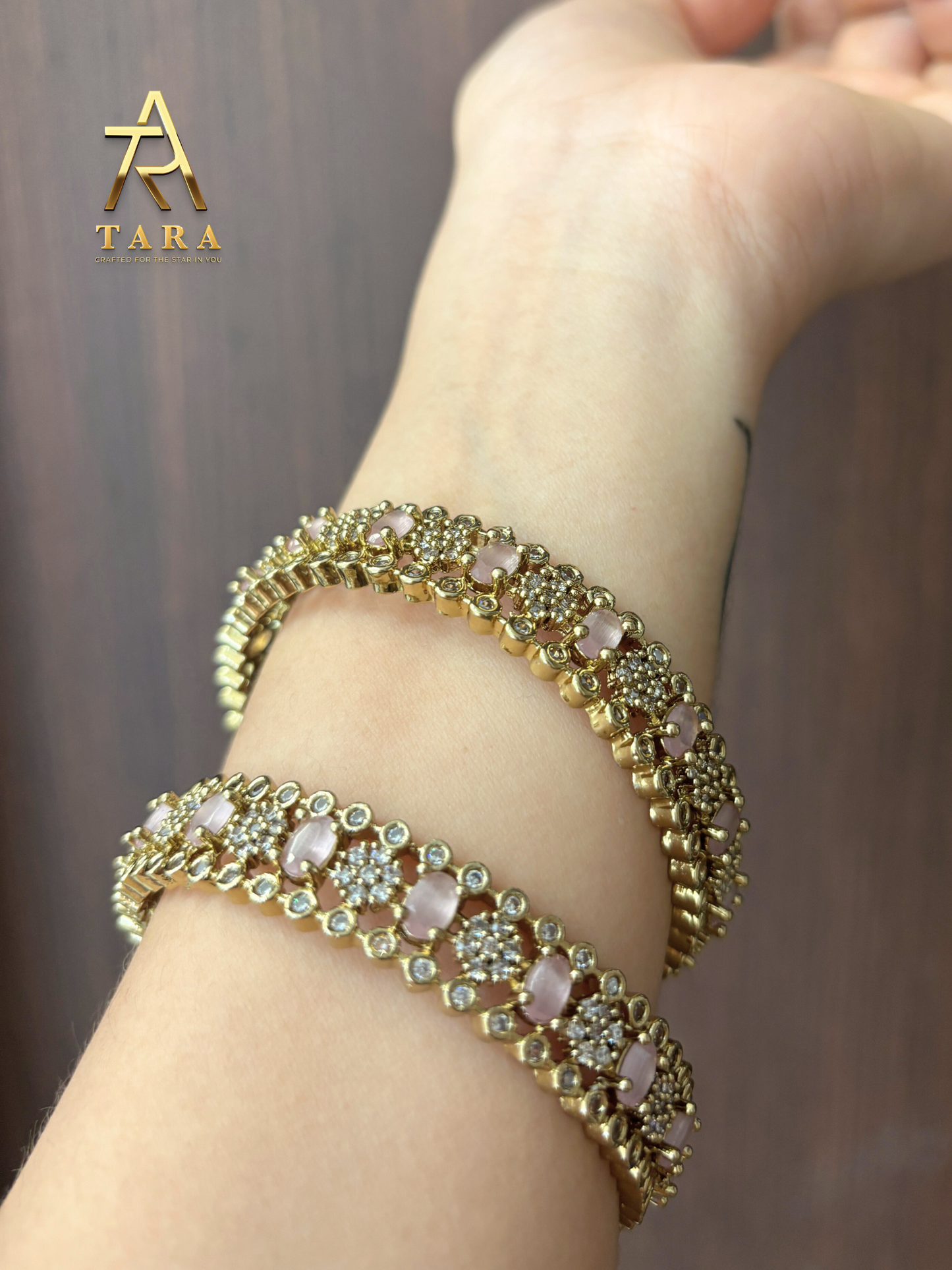 Elegant AD Stone Bangle Set - Baby Pink - PRD1517