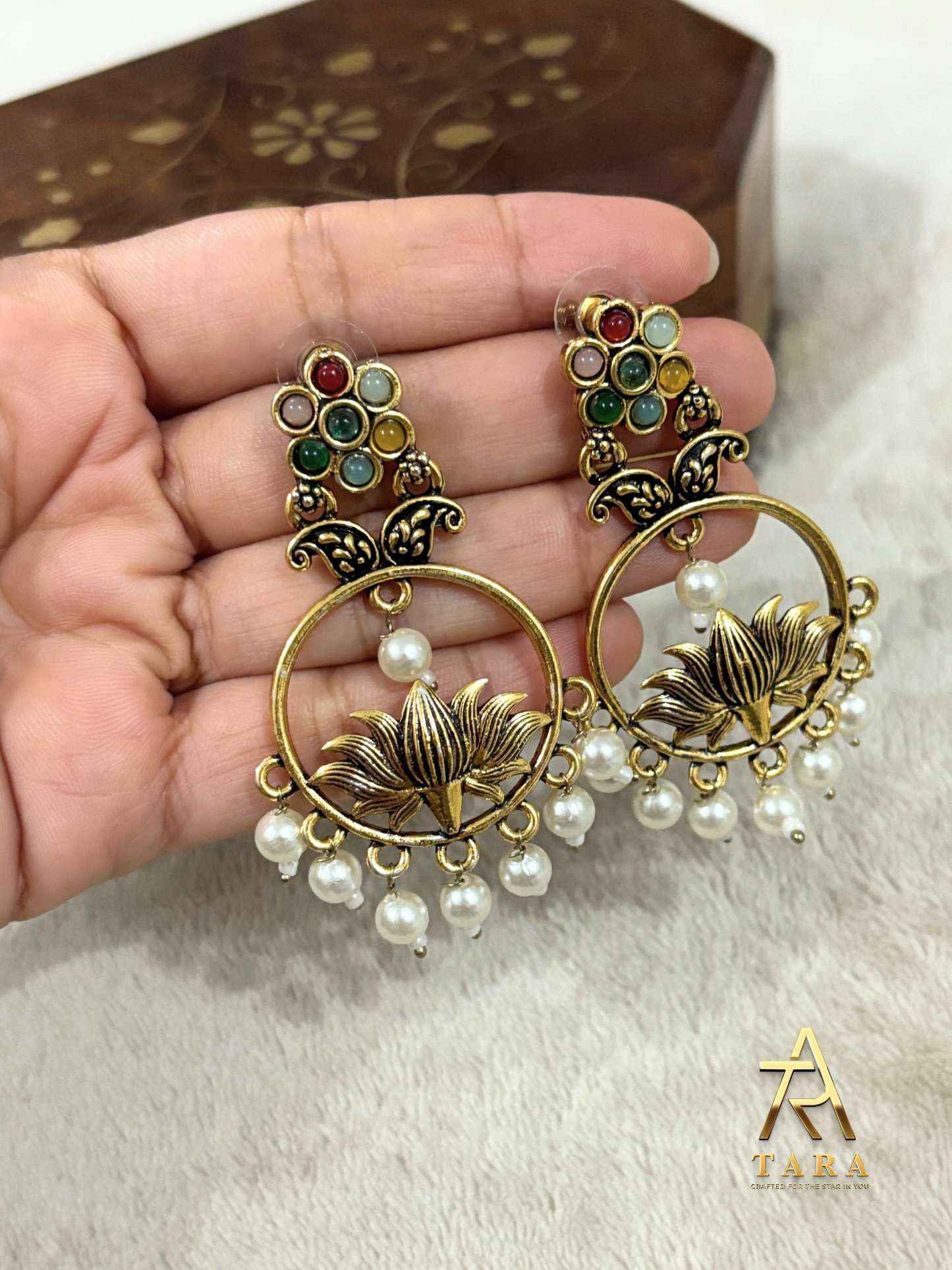 Antique Gold Padma Motif Earrings with Pearl drops - PRD1547