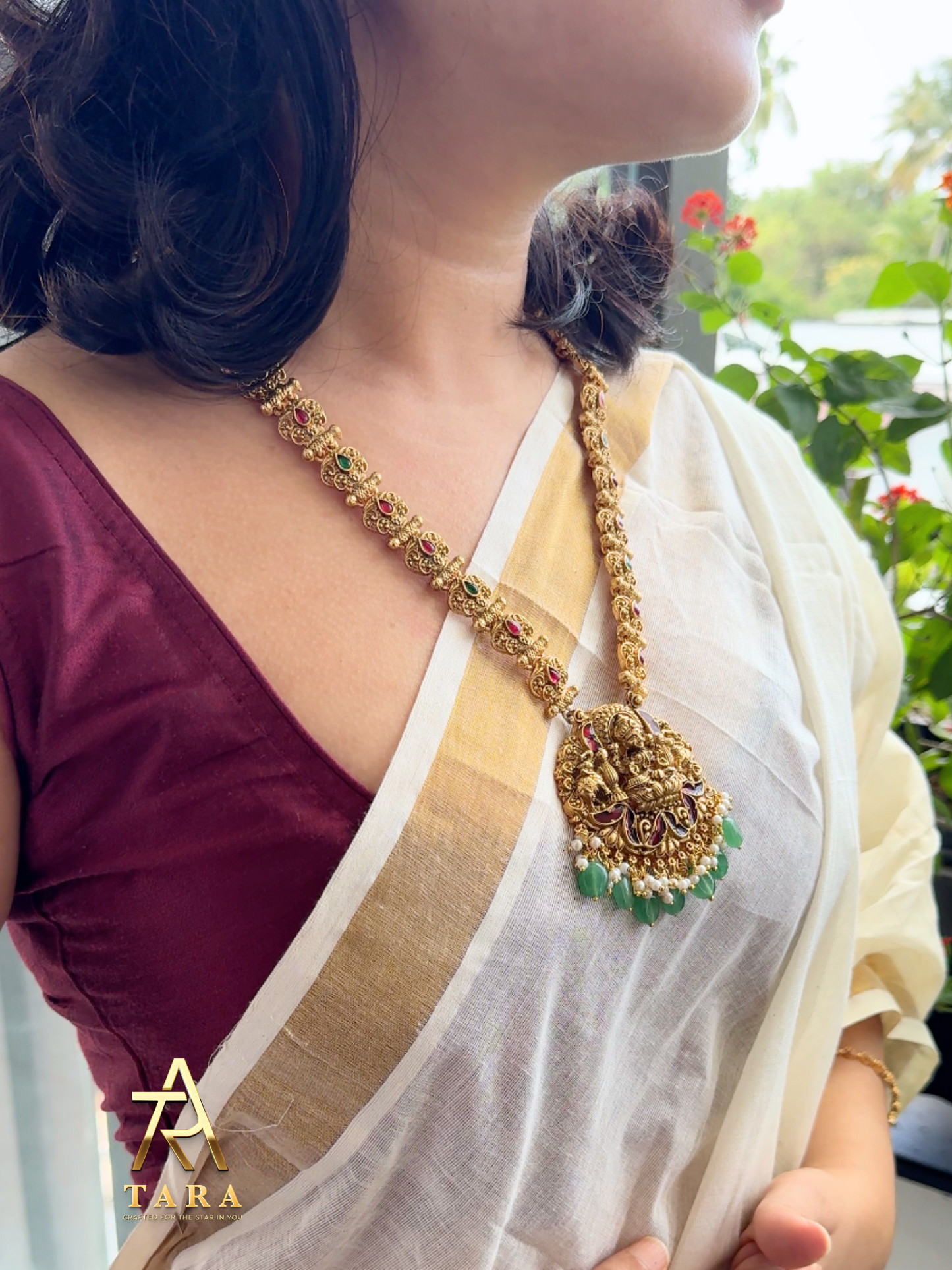 Antique finish Long Lakshmi Haaram with green hangings - PRD1501
