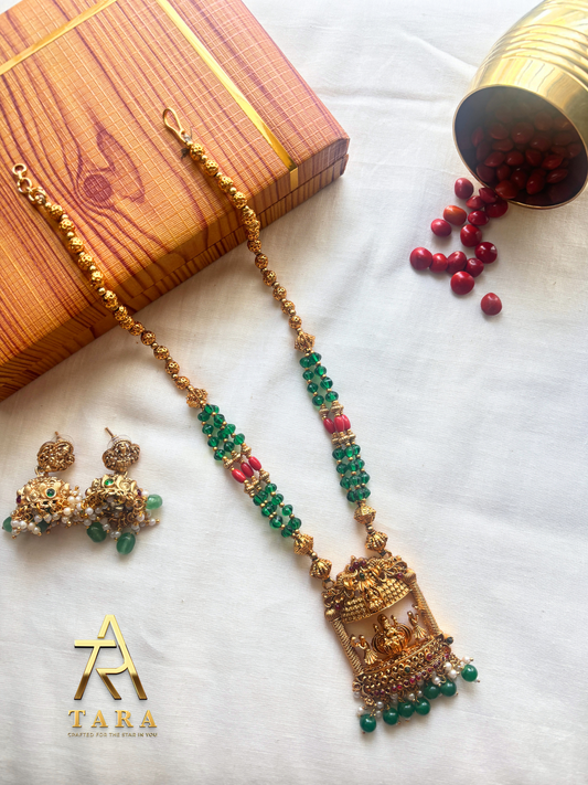 Antique Lakshmi Temple Haaram with Green Beaded chain -PRD1513
