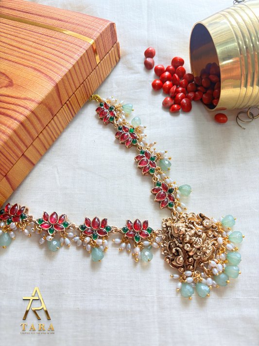 Ruby Jadau Necklace with Pearls and Green Beads - PRD1523