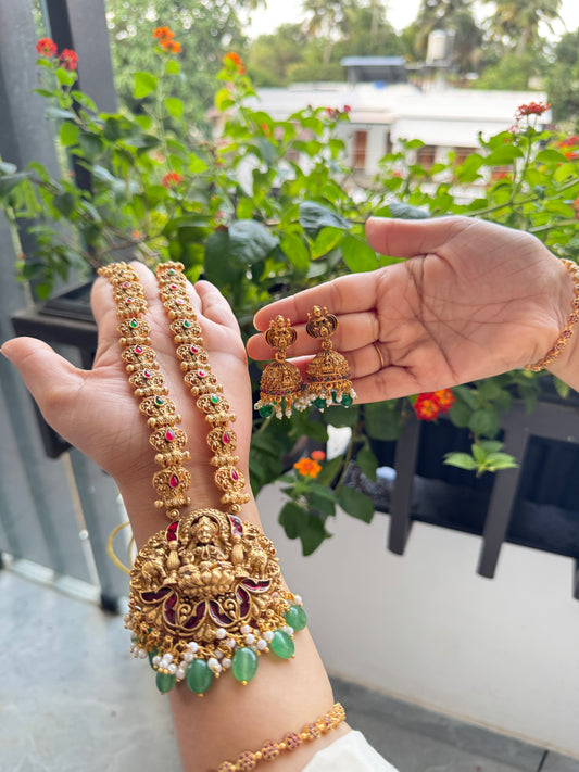 Antique finish Long Lakshmi Haaram  with green hangings - PRD1501