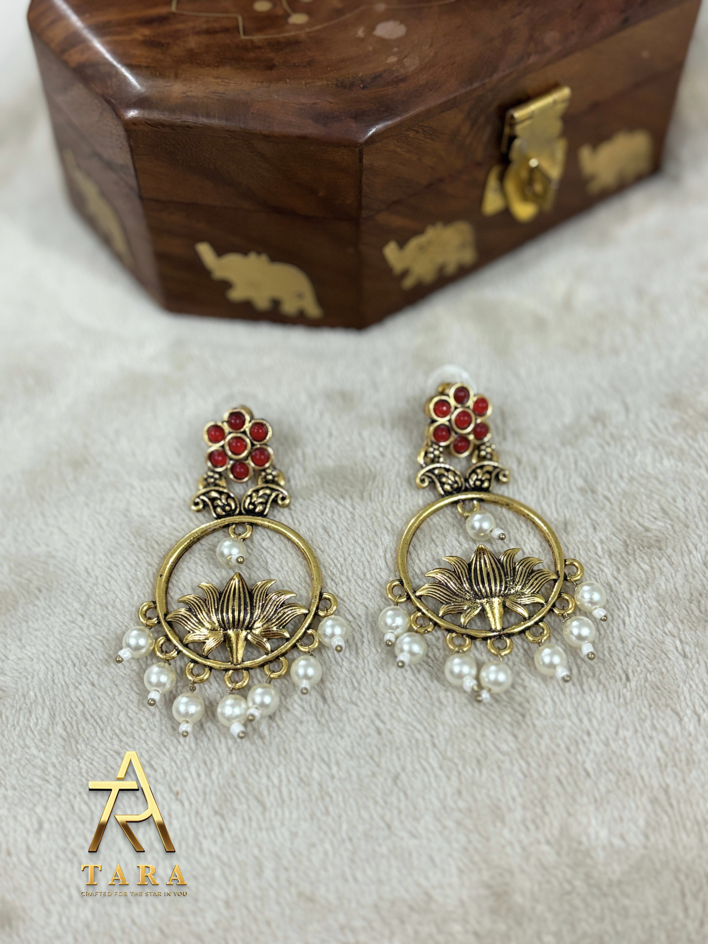 Antique Gold Padma Motif Earrings with Pearl drops - PRD1547