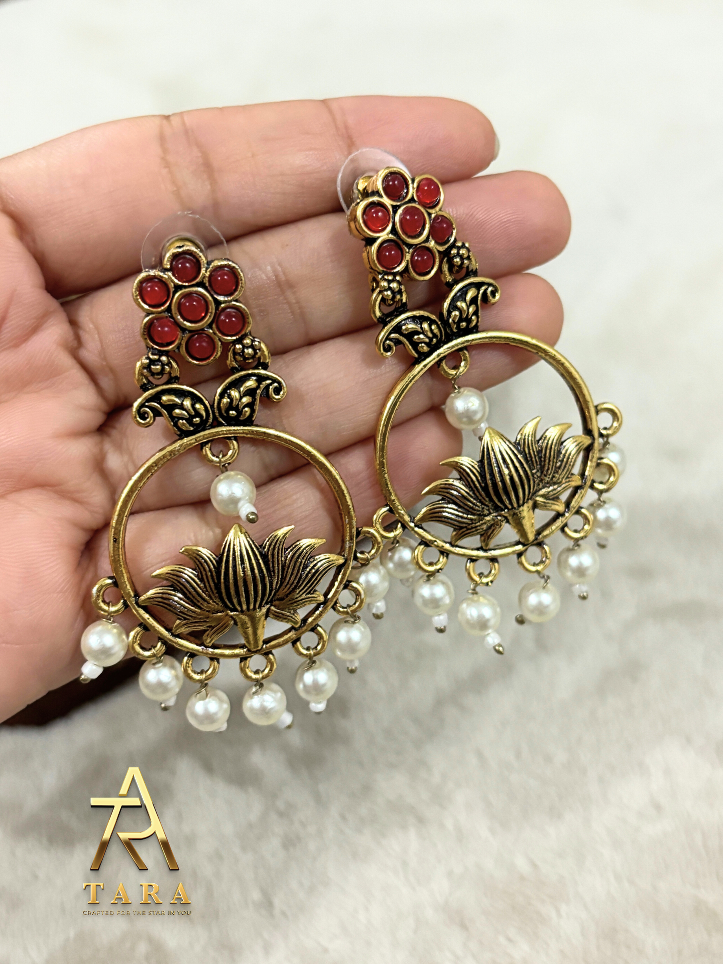 Antique Gold Padma Motif Earrings with Pearl drops - PRD1547