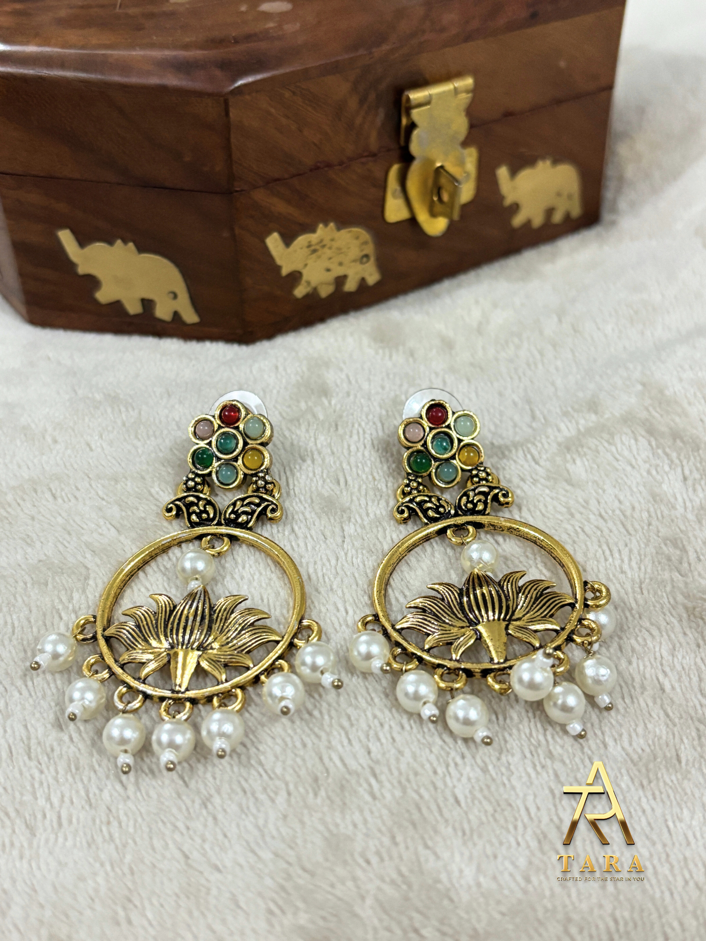 Antique Gold Padma Motif Earrings with Pearl drops - PRD1547