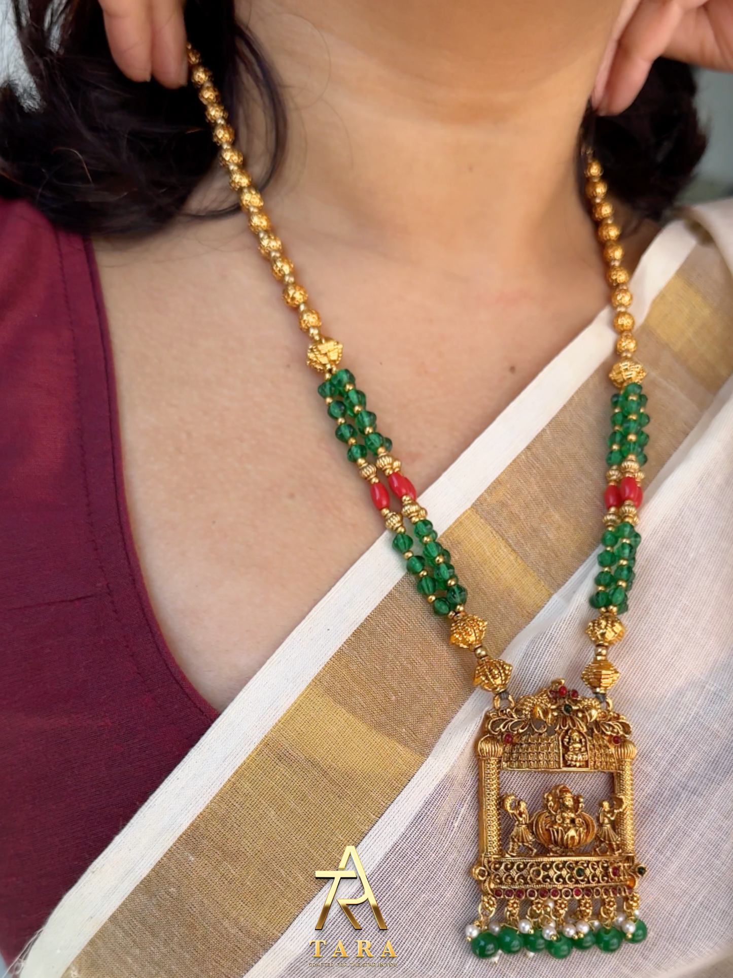 Antique Lakshmi Temple Haaram with Green Beaded chain -PRD1513