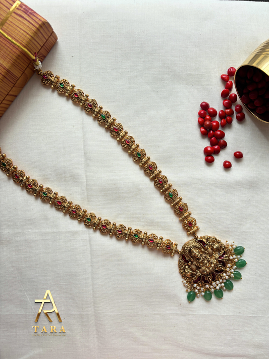 Antique finish Long Lakshmi Haaram  with green hangings - PRD1501