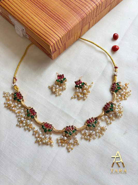 Lotus Necklace with Pearl drop - Multicolour